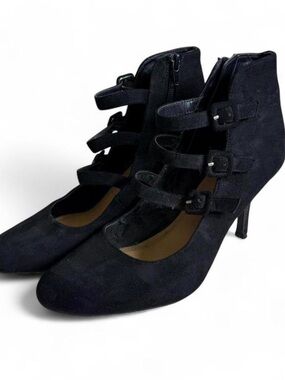Triple Buckle Black Suede Stiletto Heels 9M Dress Shoes Goth Dark Academia Edgy